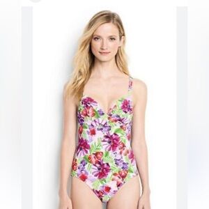 Lands End Underwire Draped Floral Print One Piece Swimsuit Size 16